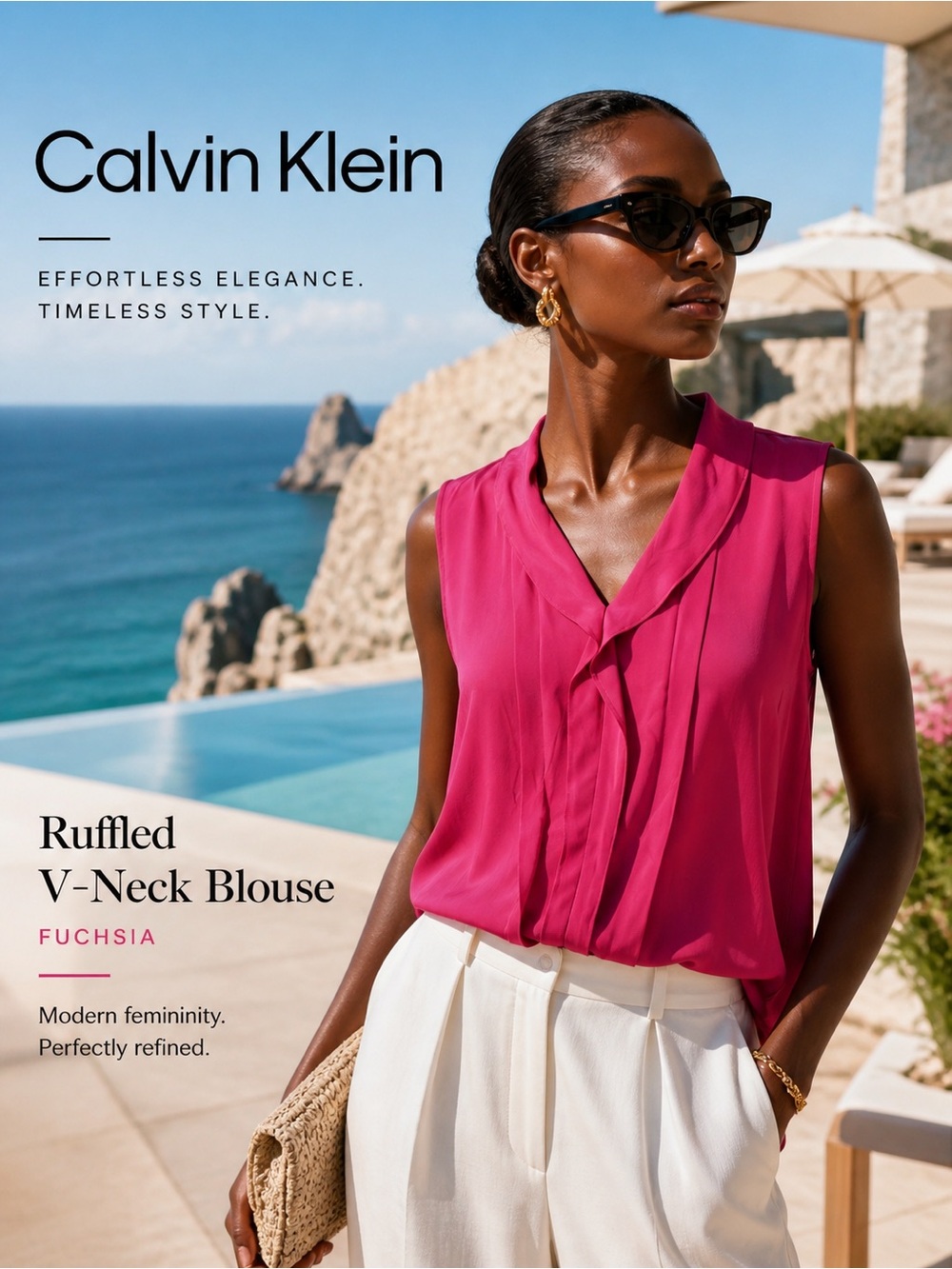 Calvin Klein xl Sleeveless Ruffled V-Neck Blouse - Fuchsia